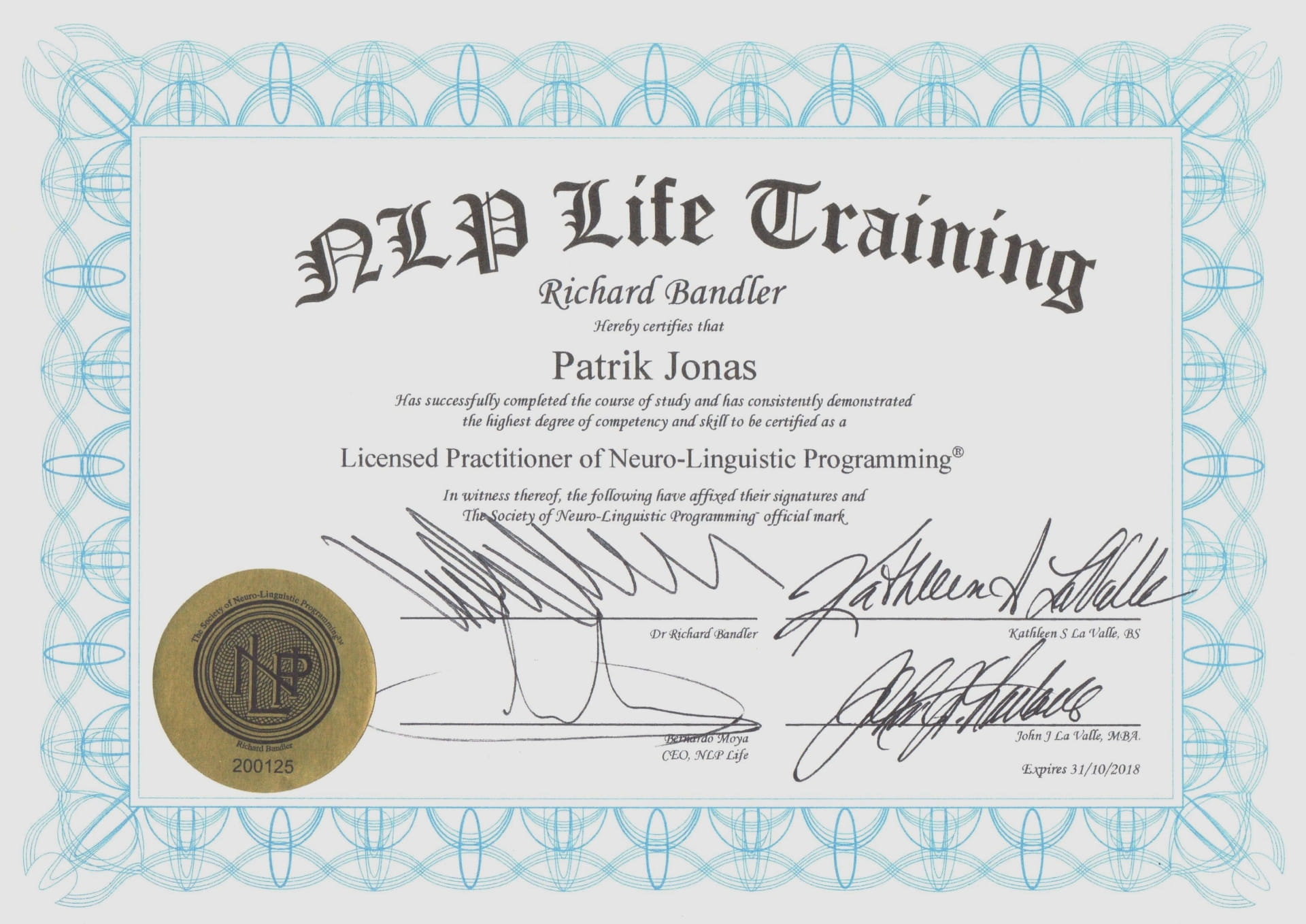 Certifikát Patrik Jonáš - Licensed Practitioner of NLP